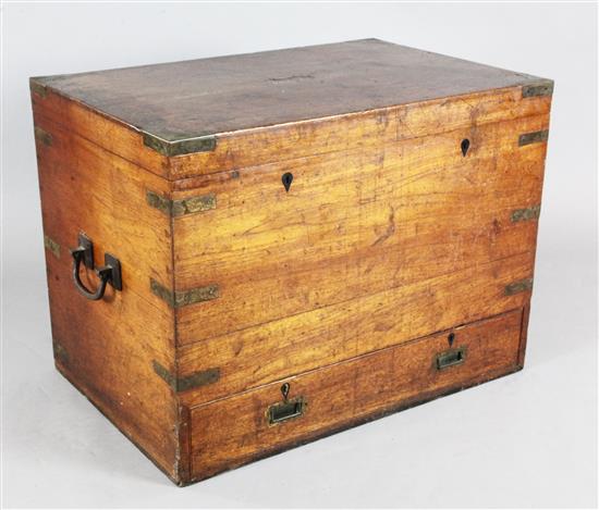 A Victorian Anglo-Indian brass bound teak travelling chest, W.3ft D.2ft H.2ft 3in.